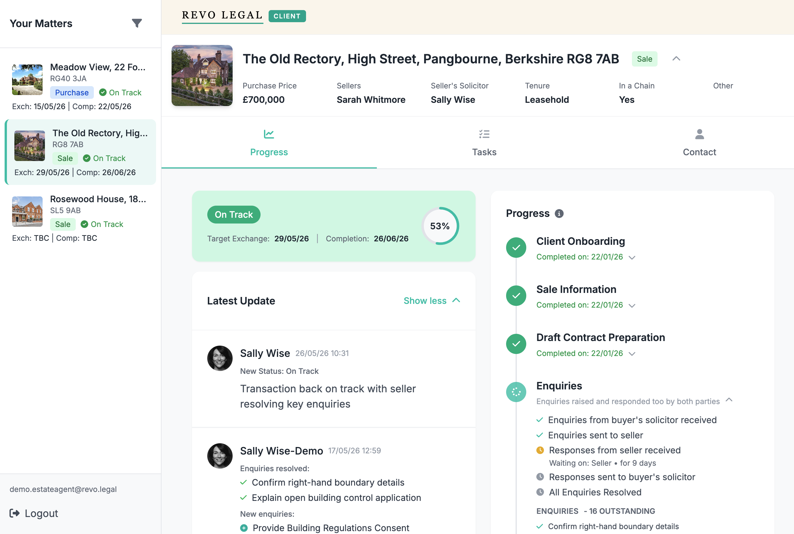 REVO Legal transaction dashboard with property details, next actions, messaging, and conveyancing progress