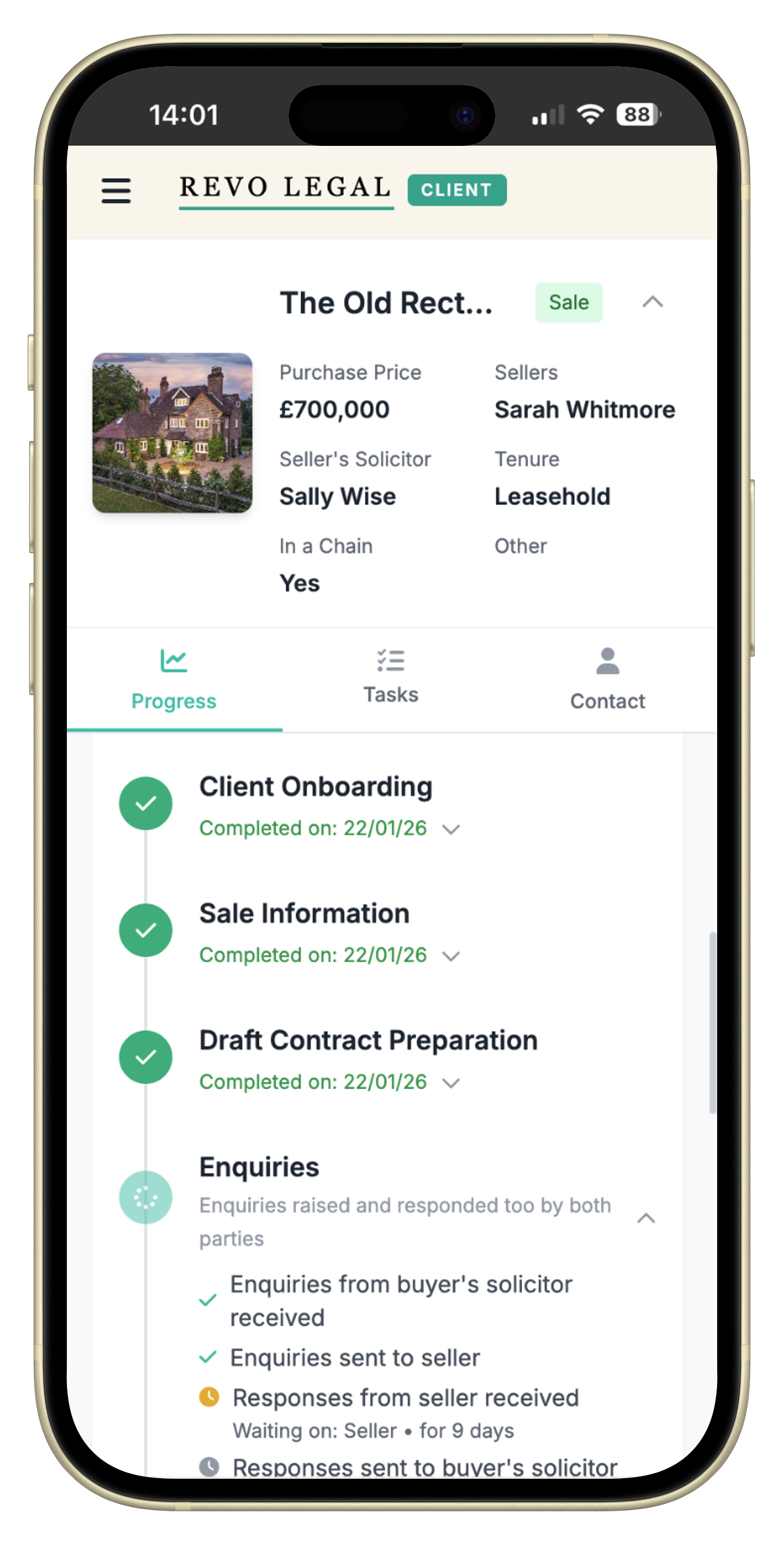 REVO Legal mobile portal showing property sale details, progress timeline, and conveyancing status