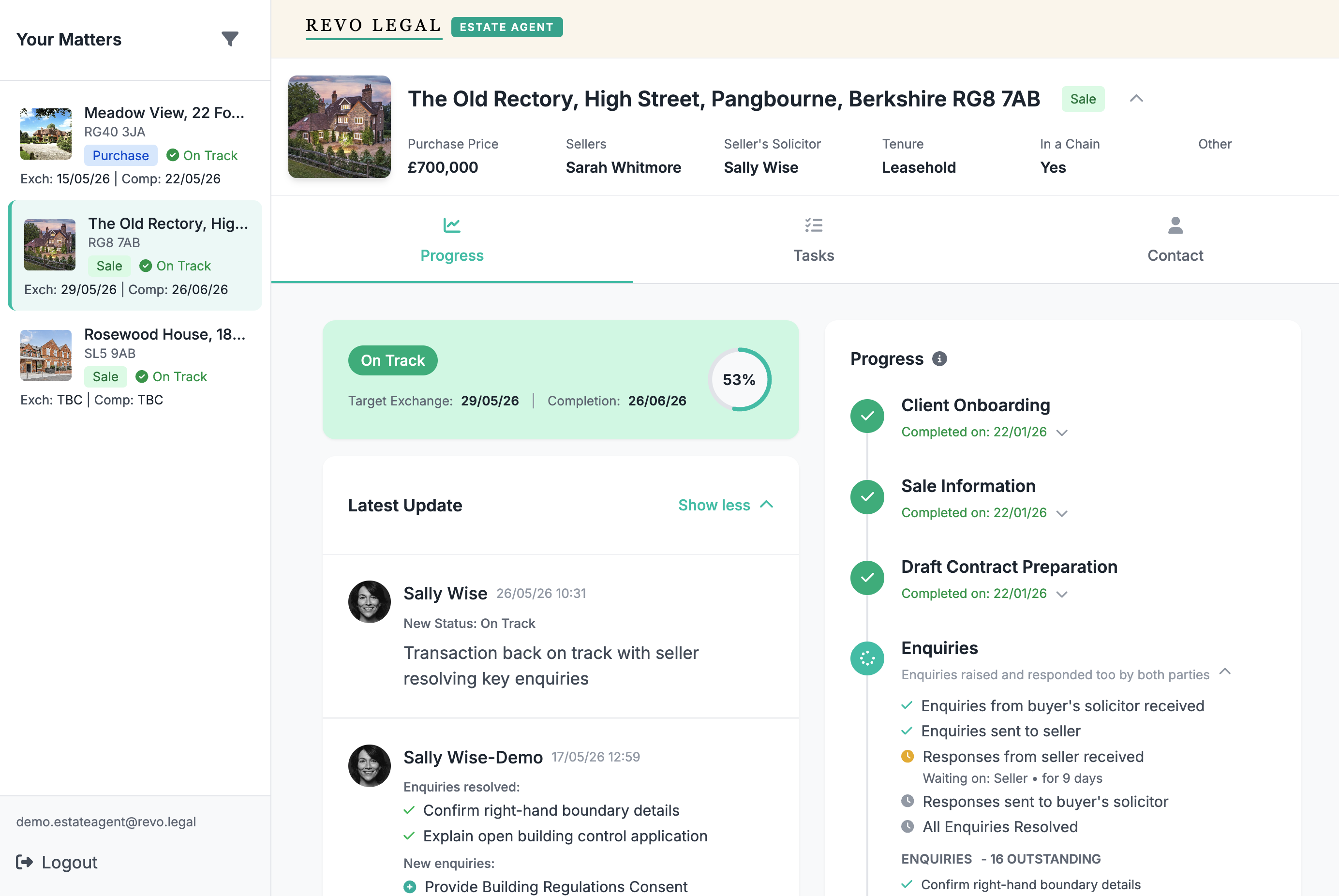 REVO Legal estate agent dashboard with property details, next actions, messaging, and conveyancing progress