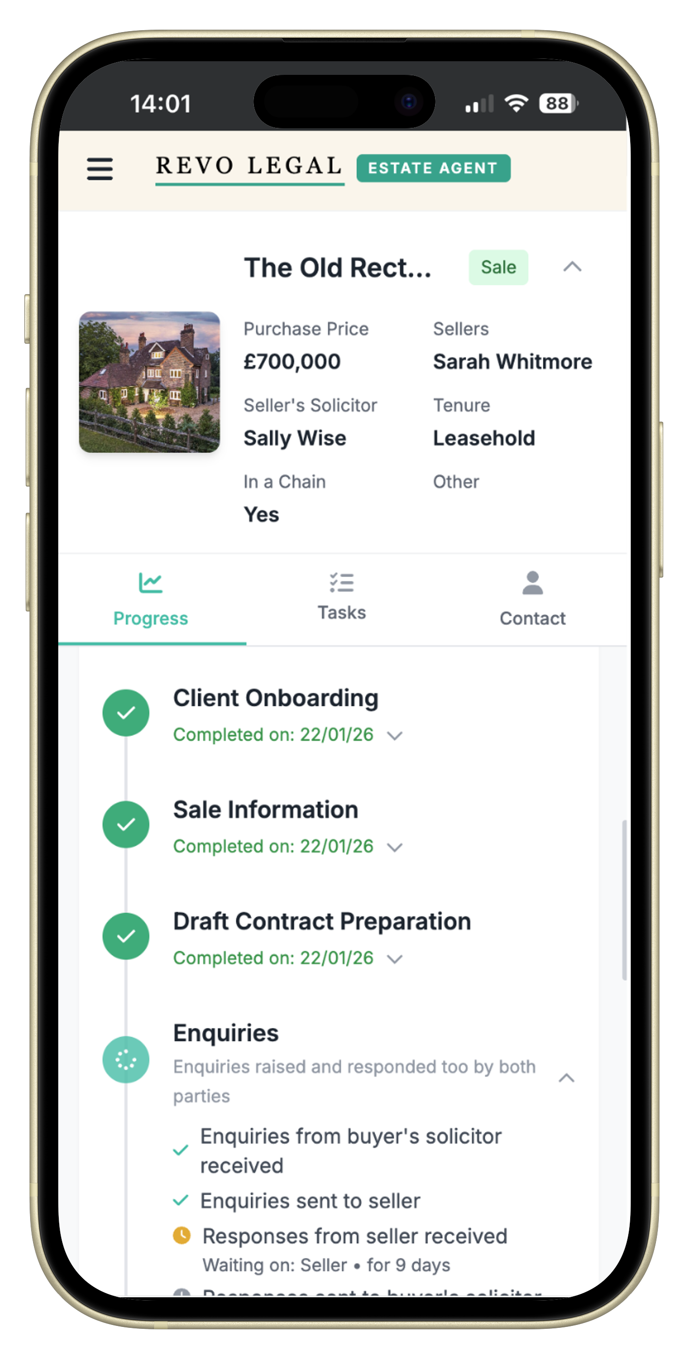 REVO Legal mobile portal showing property sale details, progress timeline, and conveyancing status